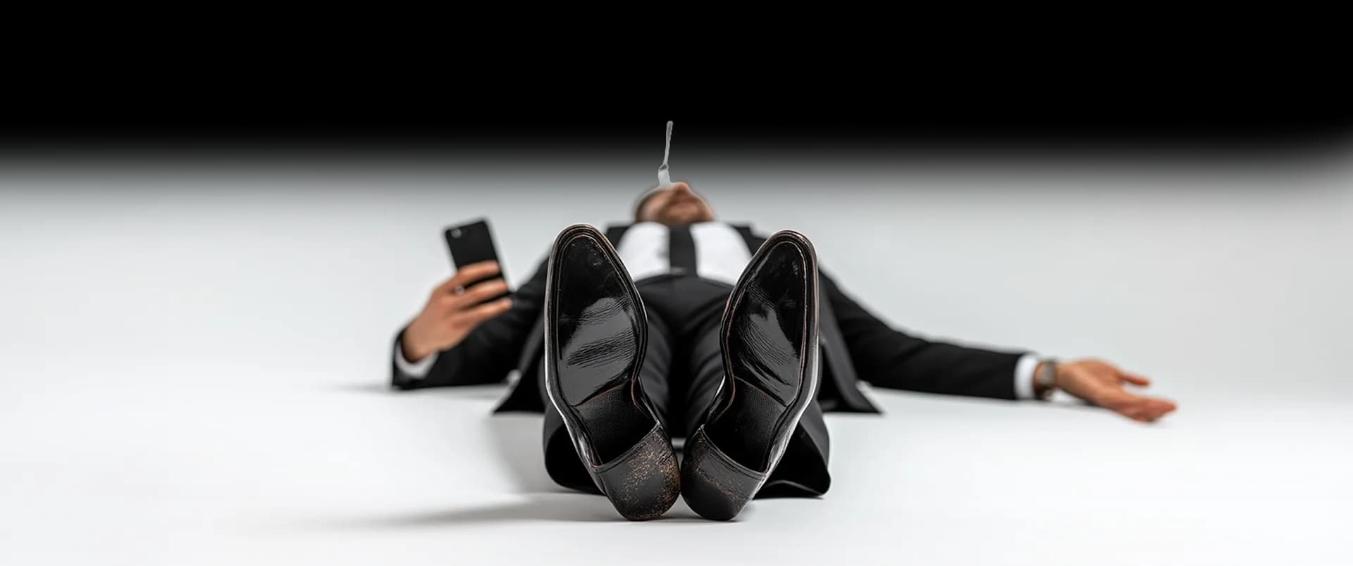 Pavel lying flat on the floor in a suit, phone in hand